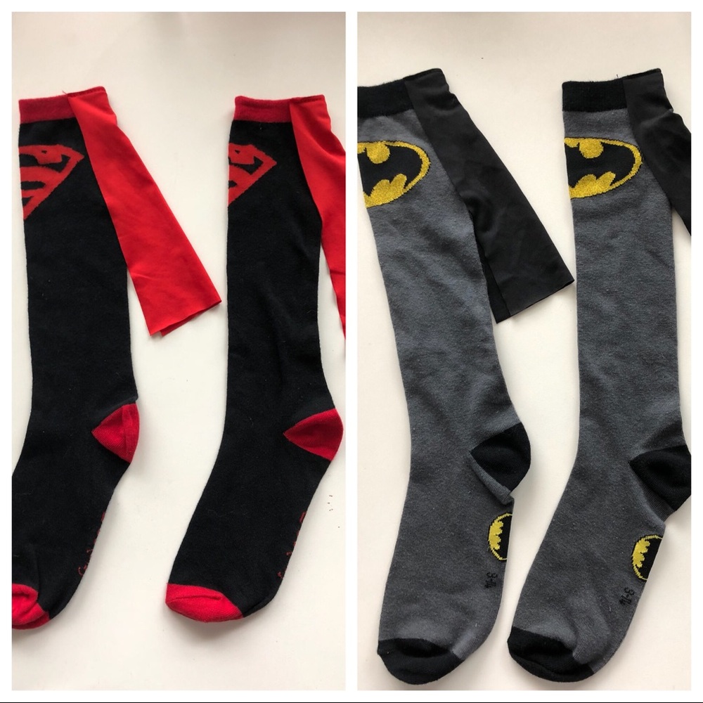 2 pair - Knee high Batman & Superman caped socks